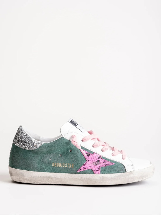 Golden Goose Shoes - Golden Goose Green Suede Sneaker with Pink Star and Silver Heel